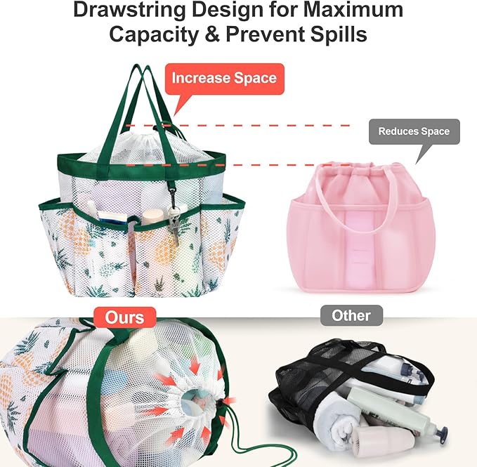F-color Mesh Shower Caddy Portable with Drawstring - Upgrade Deeper 7 Pockets Dorm Room Essentials for Guys Girls with S Hook, Shower Bag Basket Tote for College Camping Bathroom, Green Pineapple