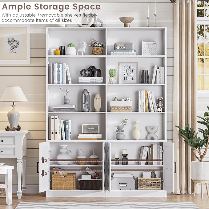 White Bookshelf and Bookcase with 4 Doors, 6 Tier Large Book Shelf with Storage Cabinets, Modern Floor Standing Display Shelves, 71” Tall Book Case for Living Room, Home Office, Library