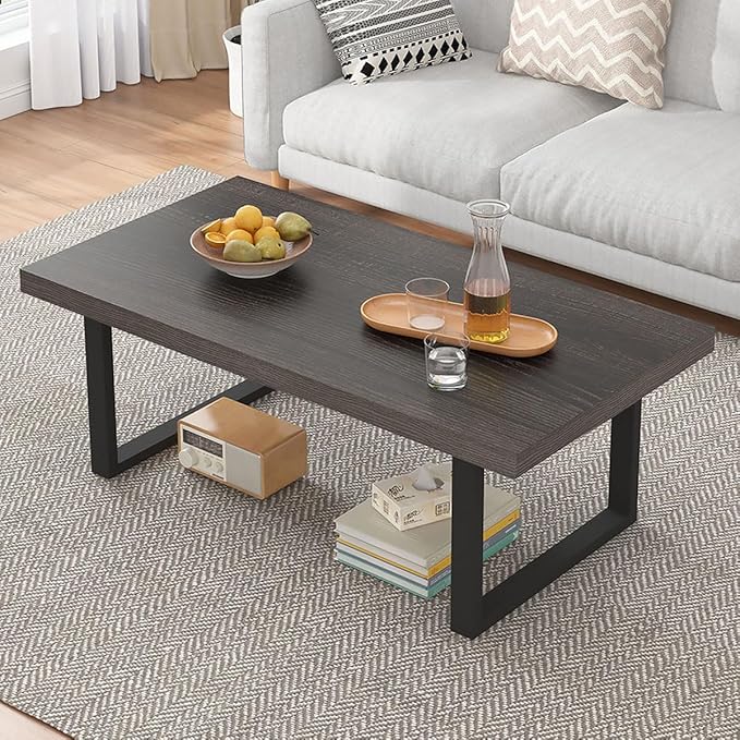 IBF Industrial Grey Coffee Table, Modern Simple Wood and Metal Center Tables, Minimalist Rectangle Wooden Living Room Table, Vintage Rustic Cocktail Tea Table for Home Bedroom, Dark Gray Oak, 39 inch