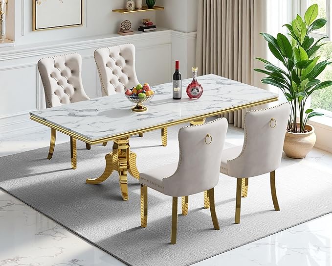 Goujxcy Faux Marble Dining Table Set for 4, Modern 5-Piece Dining Table Set with 4 Velvet Upholstered Chairs, 70" Large Long Faux Marble Kitchen Dining Room Table and Chairs with Stainless Steel Legs
