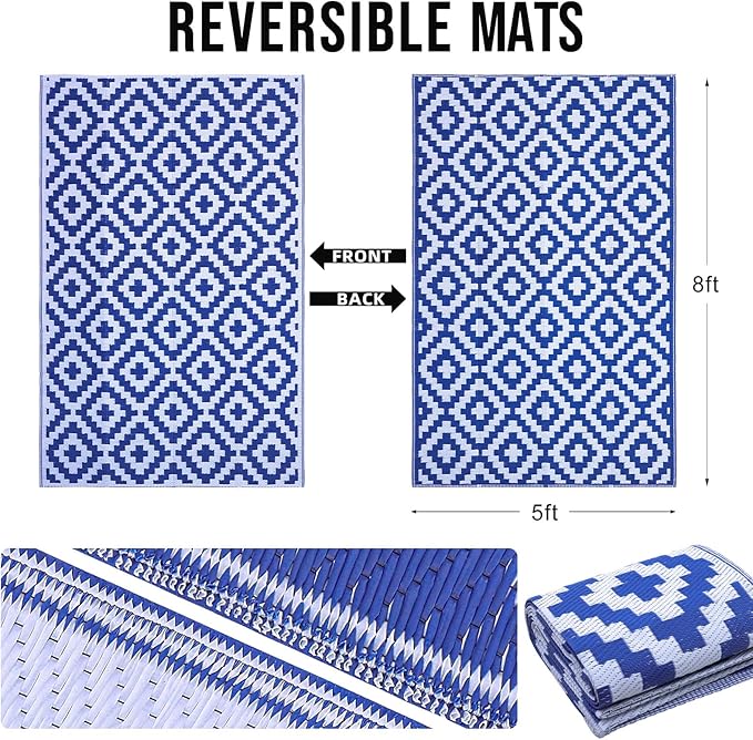 OLANLY Waterproof Outdoor Rug 5x8 ft, Outdoor Plastic Straw Rug for Camping, RV Mat Outside, Outdoor Carpet for Porch, Deck, Backyard, Balcony, Picnic, Blue & White