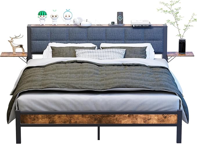 Queen Metal Bed Frame with Ergonomic Upholstered Headboard and Charging Station, Platform Bed Frame with Storage Shelves, Heavy Duty Metal Slats, No Box Spring Needed, Brown+Grey