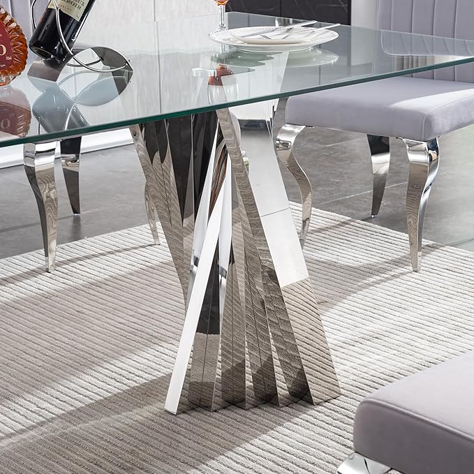 Goujxcy Modern 5 Piece Glass Dining Table Set Luxury Glass Kitchen Table and Chair Set for 4, 70" Large Rectangular Dining Room Table with 4 Tufted Chairs and Stainless Steel Legs (Silver & Beige)