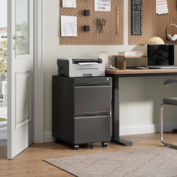 Bestoo 2 Drawer Metal Mobile File Cabinet, File Cabinet on Wheels with Lock for Letter/Legal/A4 File Under Desk, Metal Rolling File Cabinets for Home Office(Black)