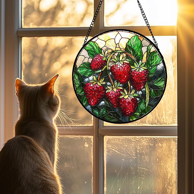 Stained Glass Suncatcher, Red Strawberry Green Leaf Sun Catcher Silver Background Stain Glass Window Hanging Decoration Mother's Day Birthday Gifts for Women Men Mom Nana 6.3 in