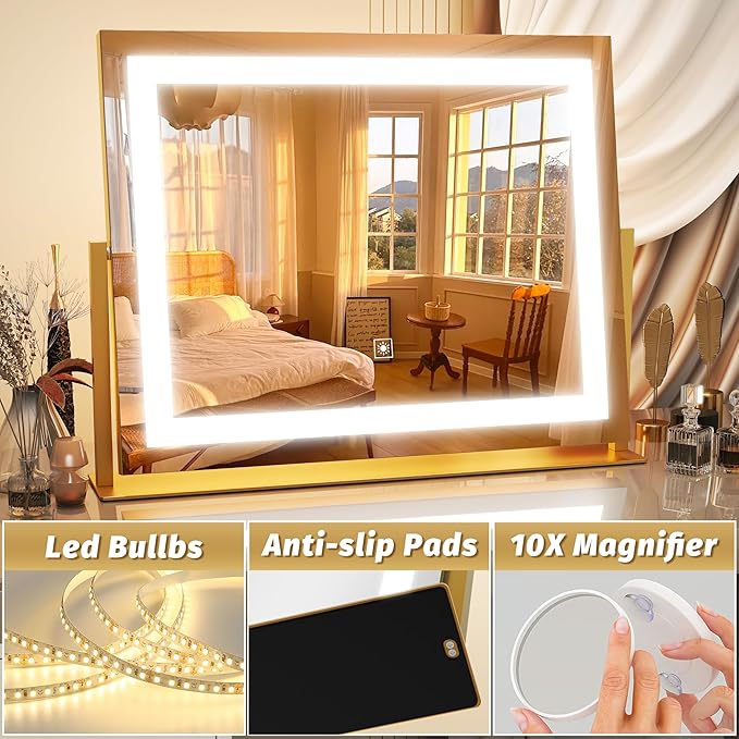 FENNIO Vanity Mirror with Lights 22''x18'' Makeup Mirror with Lights,Lighted Makeup Mirror with 10X Magnification ，Smart Touch Screen with 3-Color Lighting,Dimmable（Square Gold）