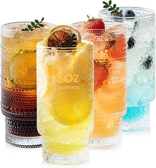16oz Drinking Glasses Set of 4, 2 Hobnail Glasses & 2 Embossed Water Goblets, Flower Design Stackable Vintage Tumbler Glasses, Old Fashion Beaded Glass Cups for Cocktail, Iced Coffee, Beer