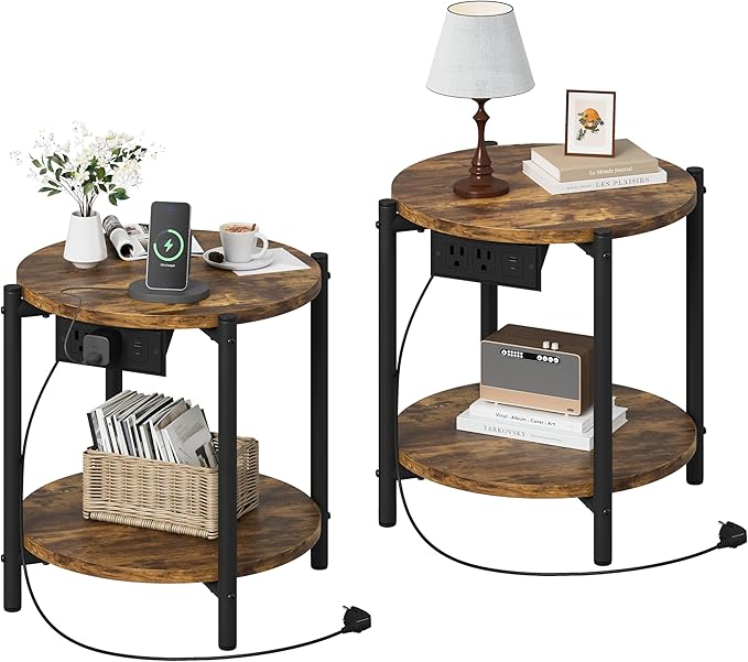 LIKIMIO Small Round End Tables Set of 2 with Charging Station, 2-Tier Wooden Side Tables, 15.8" W Modern Nightstands for Small Spaces, Living Room, Bedroom, Rustic Brown