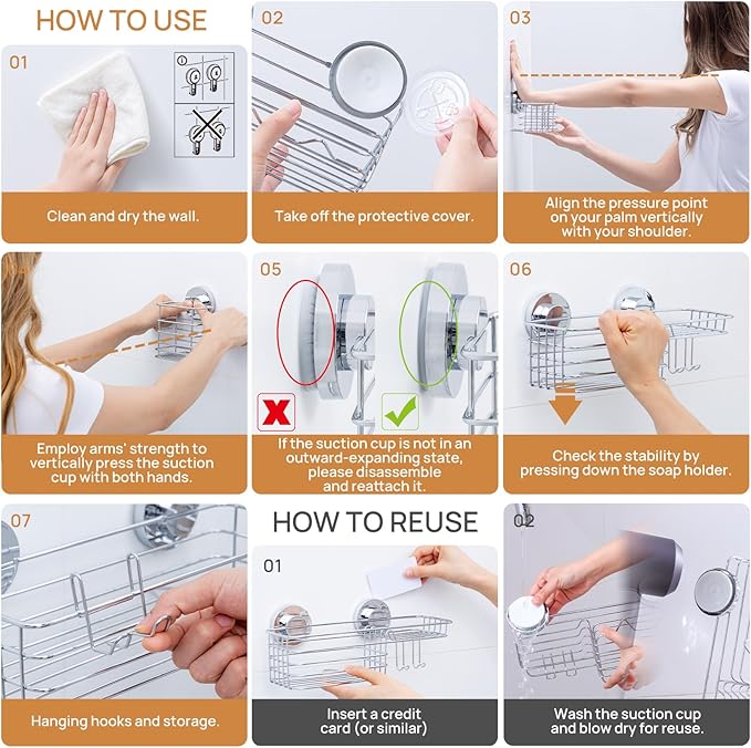 LEVERLOC Shower Caddy Suction Cup, 3 Pack Heavy Duty Bathroom Organizer For Inside Shower With Hooks & Soap Holder, Removable Bathroom Organizer, Rustproof Silver Holder Storage Storage,Silver