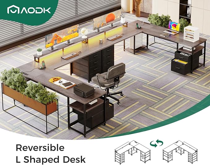 AODK 66" L Shaped Desk, 113" Computer Desk with File Cabinet & 4 Fabric Drawers, Home Office Desk with Monitor Shelf & Power Outlet, Two Person Desk or Corner Desk, Gaming Table with LED Light, Grey