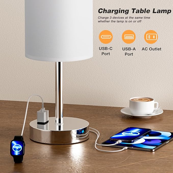 Touch Bedside Lamp - White, 3-Way Dimmable, USB A + C Charging, AC Outlet, 17.4inch Medium