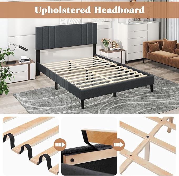Giantex Queen Platform Bed Frame, Modern Upholstered Bed Frame with Vertical Channel Tufted Headboard, Wooden Slats Support, No Box Spring Needed, Gray