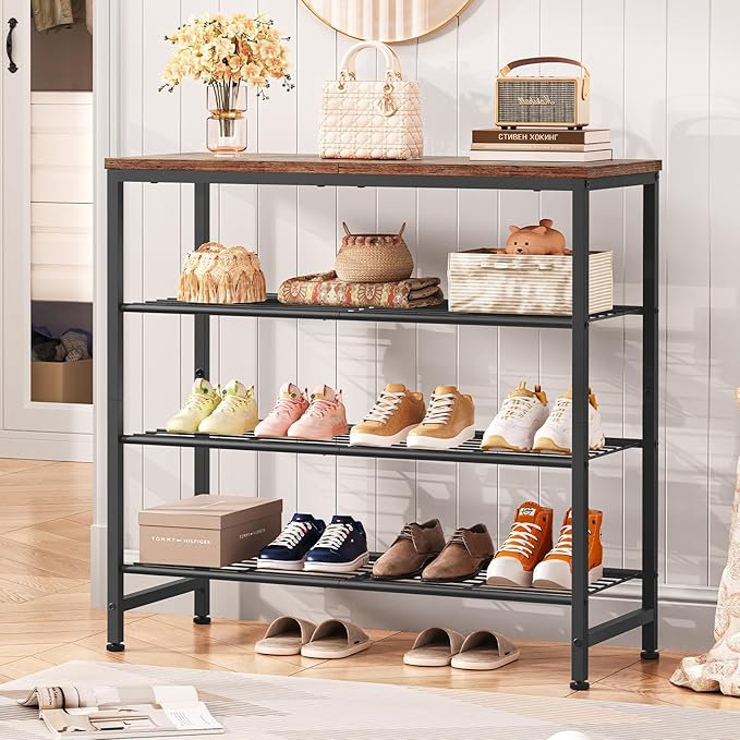 usikey 4-Tier Shoe Rack, Industrial Shoe Storage Organizer for 9-12 Pairs of Shoes, Metal Shoe Shelf with Wooden Top, Shoe Stand with 3 Metal Shelves for Entryway, Hallway, Closet, Rustic Brown
