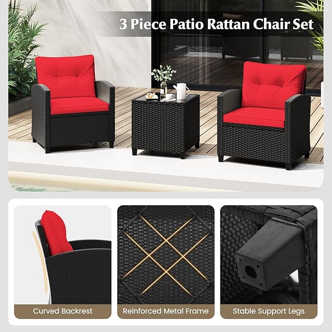 Tangkula 3 Pieces Patio Furniture Set, Rattan Conversation Set w/Soft Seat & Back Cushions, Tempered Glass Topped Coffee Table, Cushioned Wicker Seating for Backyard, Porch, Poolside (Red)