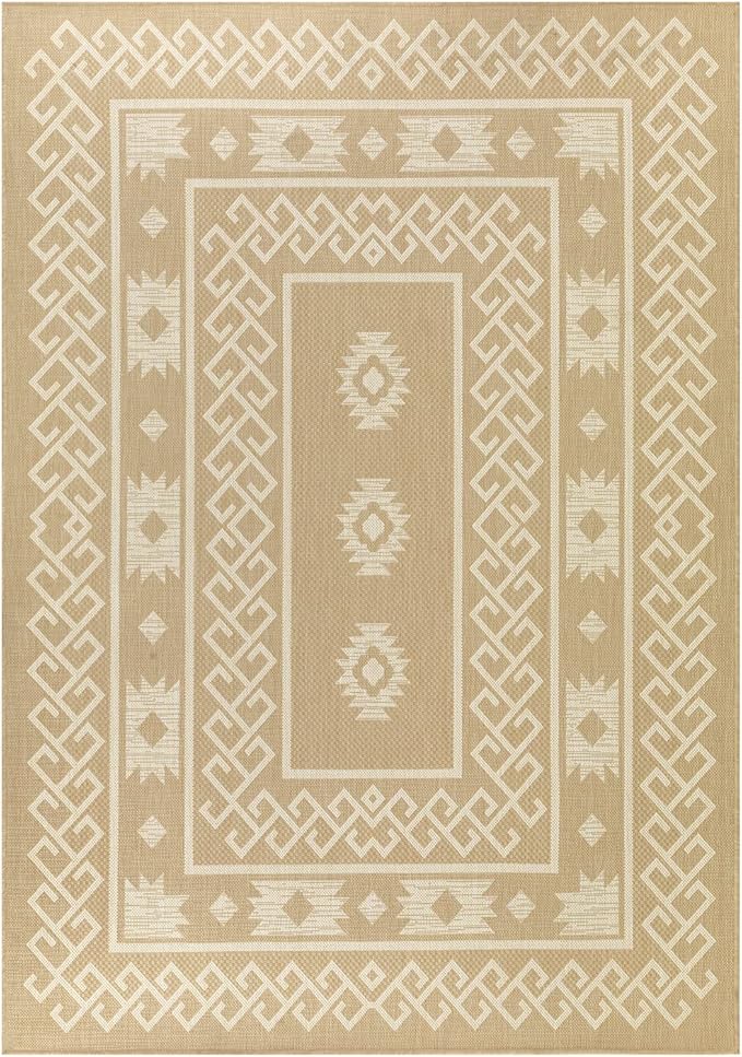 Antep Rugs Patio 6x9 Outdoor/Indoor Southwest Aztec Native Area Rug (Beige, 6'7" x 9')