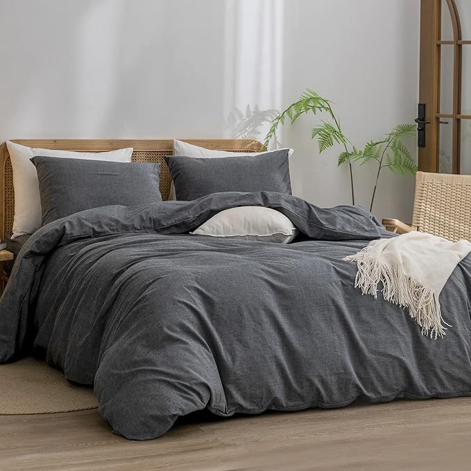 BESTOUCH Duvet Cover Set 100% Washed Cotton Linen Feel Super Soft Comfortable Chic Lightweight 3 PCs Home Bedding Set Solid Dark Black Queen