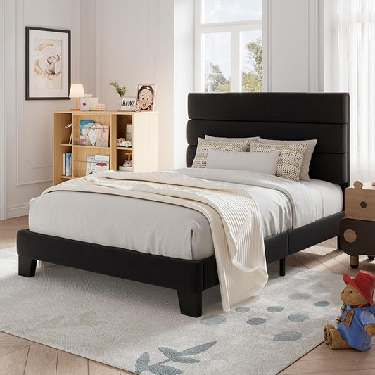Allewie Twin Size Platform Bed Frame with Velvet Upholstered Headboard and Wooden Slats Support, Fully Upholstered Mattress Foundation/No Box Spring Needed/Easy Assembly, Black