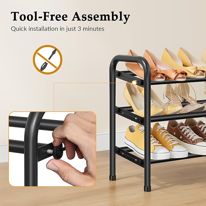 3 Tier Shoe Organizer, Shoe Rack for Closet, 28“ Metal Shelf Can Expandable to 42“, for Bedroom, Entryway, Closet, Garage, Adjustable to 18 Pairs Shoes, Black