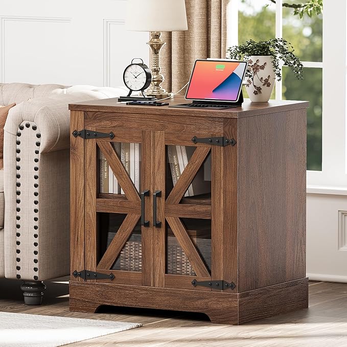 Farmhouse Side Table - 24" Large Night Stand Set 2, Wood Nightstand with Charging Station, Bedside Table with Adjustable Shelf, End Tables Living Room, Rustic Bed Side Tables Bedroom, Walnut