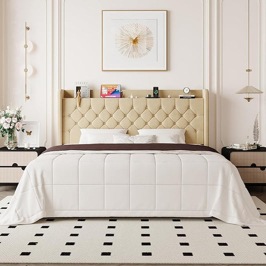 Allewie King Size Bed Frame, Storage Headboard with Charging Station,Wingback Linen Upholstered, Diamond Stitched Button Tufted, Sturdy Wooden Slats, No Box Spring Needed, Easy Assembly, Beige