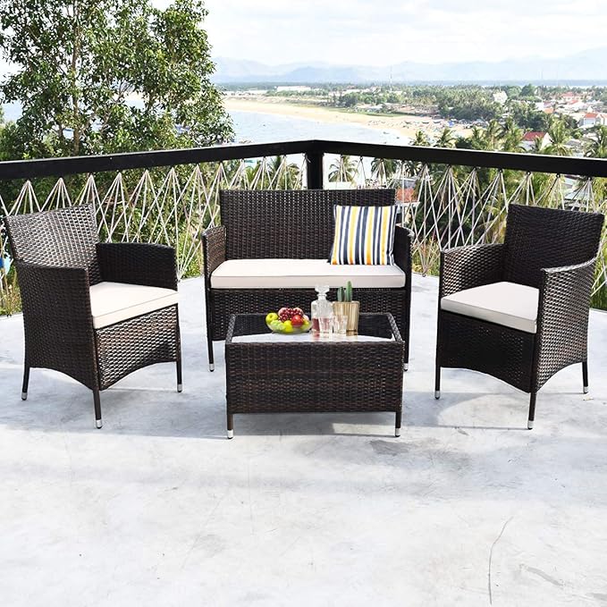 Tangkula 8 PCS Patio Rattan Conversation Set, Outdoor Wicker Furniture Set with Tempered Glass Coffee Table &Thick Cushion, Rattan Chair Wicker Set for Garden, Lawn, Poolside and Backyard (2, Brown)