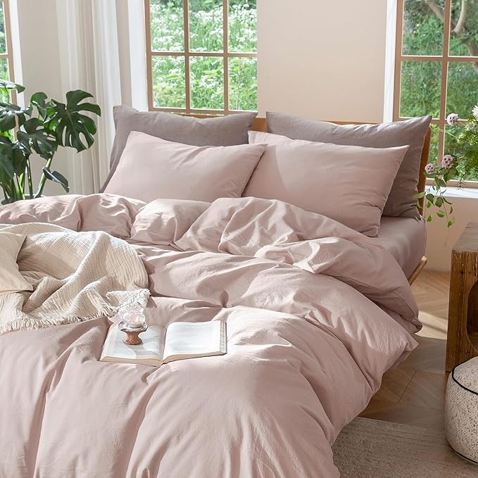 MooMee Bedding Duvet Cover Set 100% Washed Cotton Linen Like Textured Breathable Durable Soft Comfy (Heathered Greyish Pink, Palatial King/Oversized King 120"x98")