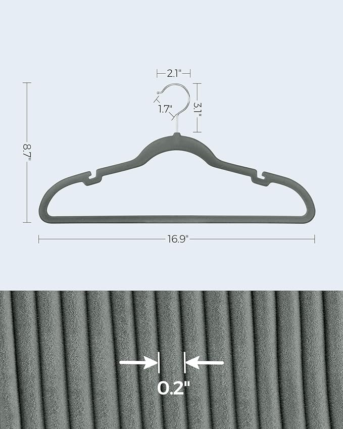 SONGMICS Velvet Hangers 30 Pack, Non-Slip Clothes Hangers, Suit Hangers with Shoulder Notches, Pants Bar, 360° Swivel Hook, Space-Saving, for Closet, Gray UCRF029V03