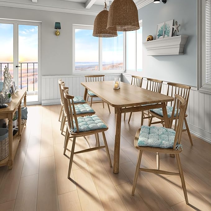 Barnett Home Decor Ariel Fan Coral Dining Chair Pad with Ties - Latex Foam Fill - 100% Cotton, Made in USA - Machine Washable, Reversible (Aqua)