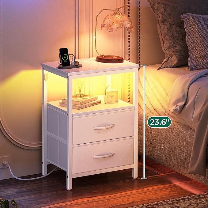 Huuger Night Stand with Charger Station and LED Lights, 2 Drawer Nightstand, Bed Side Table with Open Shelf, End Table, Fabric Dresser for Bedroom, PU Leather, White
