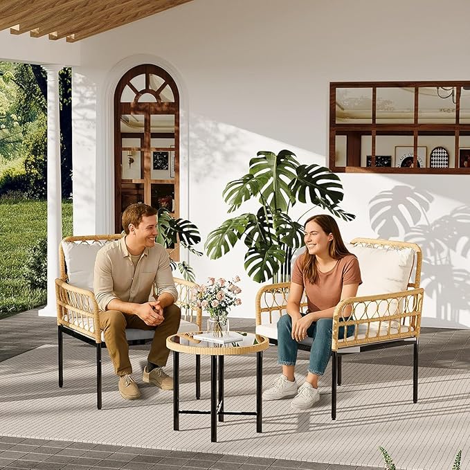 3-Piece All-Weather Wicker Rattan Bistro Patio Furniture Set with Glass Table and Thick Cushions, Beige - Ideal for Balcony, Garden, Backyard, and Poolside Conversation
