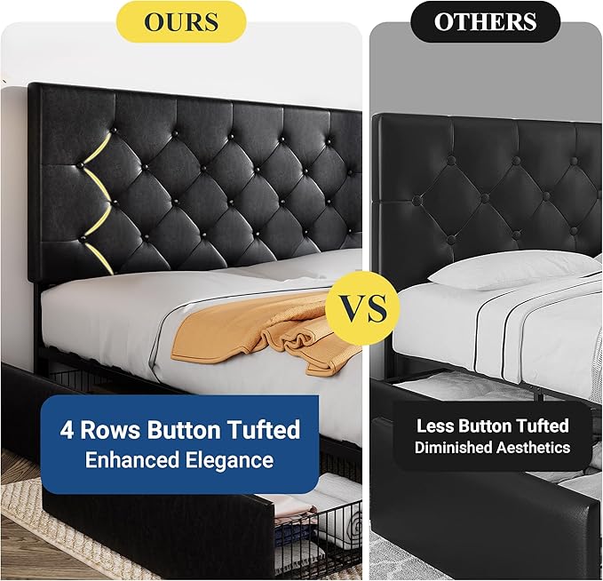 Allewie Upholstered Queen Size Platform Bed Frame with 4 Storage Drawers and Headboard, Diamond Stitched Button Tufted, Mattress Foundation with Wooden Slats Support, No Box Spring Needed, Black