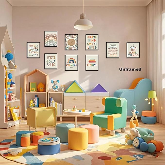 Baby Alphabet Wall Art Set of 9, 1 2 3 number Rainbow Canvas Posters Prints, Kids ABC Positive Affirmation Wall Decor Paintings for Kids Room Nursery Bedroom Home Decor 8x10In Unframed