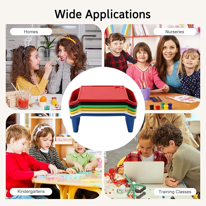 6 Pcs Kids Lap Desk Tray, Plastic Breakfast Lap Desk Trays with Side Pockets and Slot, Portable Lap Table Snack Tray for Eating, Writing, Drawing, Game, 19.69" L x 9.84" W x 7.1" H (6 Colors)