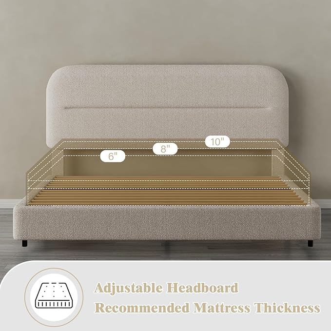 HOMBCK Queen Bed Frame with Headboard, Boucle Upholstered Soft Platform Bed Frame with Thickened Footboard, Rounded Corners Design, No Box Spring Required, Easy Assembly, Cream