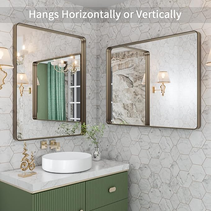LOAAO 28”X36” Bronze Bathroom Mirrors for Vanity, Rounded Rectangle Brushed Bronze Metal Frame Mirror, Anti-Rust, Hangs Horizontally or Vertically