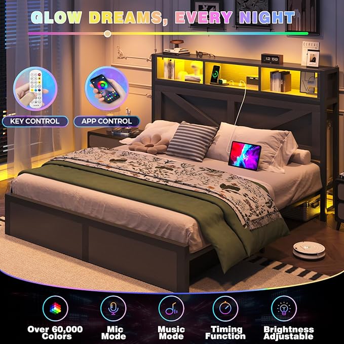 Farmhouse Queen Bed Frame with Bookcase Storage Headboard, Charging Station, LED Light and 2 Storage Drawers, Noise Free, No Box Spring Needed, Black