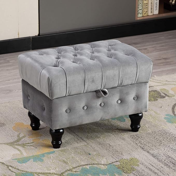 Artechworks Rectangular Storage Coffee Table Ottoman,Button Tufted Upholstery Footstool Bedroom Ottoman for Living Room, Home Office, Space-Saving Storage Toy Box Stool, Grey