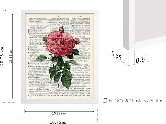 Poster Master Dictionary Art Poster - Pink Roses Print - Flower Art - Floral Art - Gift for Him, Her & Florist - Minimal Decor for Living Room, Bedroom, Dorm or Flower Shop, 16x20 White Framed