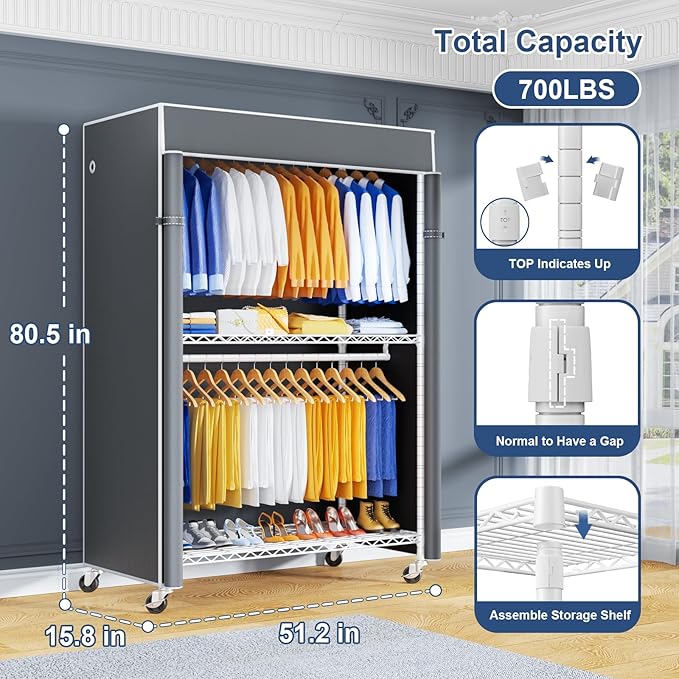 P8C Heavy Duty Clothes Rack（With Extended Width Design） Rolling Clothing Racks for Hanging Clothes with Lockable Wheels，51.2" W x 15.8" D x 80.5" H，Max Load 700LBS，White Rack with Grey Cover