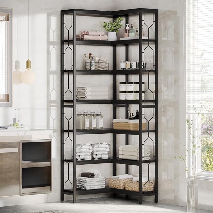 Tribesigns Corner Shelf, 7-Tier Industrial Corner Bookshelf, Wood and Metal Corner Etagere Bookcase, Freestanding Display Shelf for Living Room, Kitchen, Home Office, Black