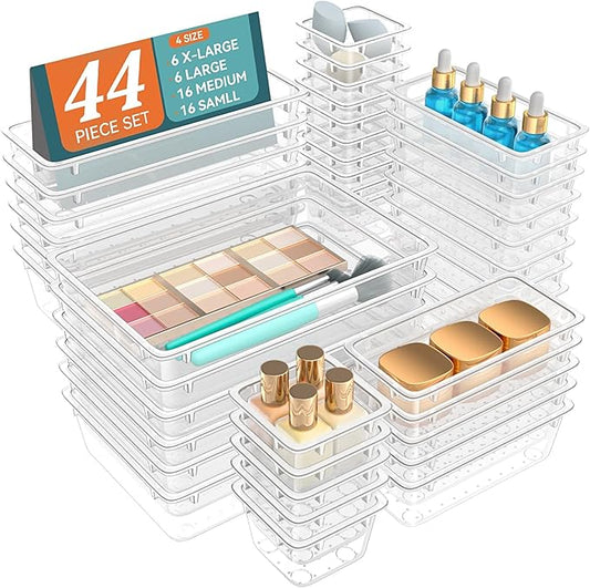 WOWBOX 44 PCS Clear Plastic Drawer Organizer Set, 5 Varied Size storage Bins and Desk Drawer Organizer Trays for Makeup, Gadgets, Jewelry and Utensils in Bathroom, Bedroom and Office, Clear