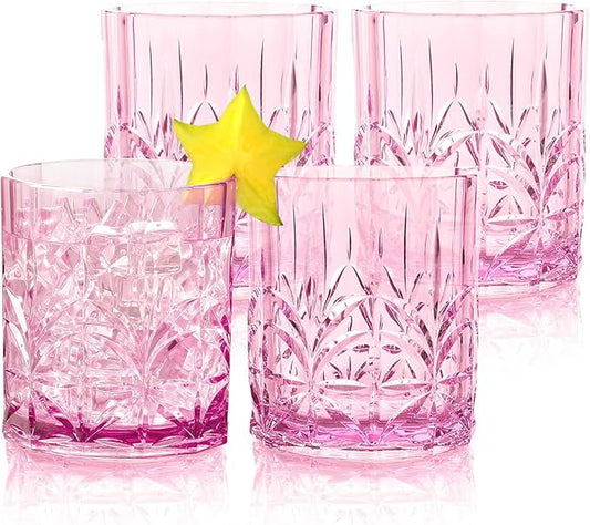 BELLAFORTE Shatterproof Tritan Plastic Short Tumbler, Set of 4, 13oz - Myrtle Beach Unbreakable Crystal Cut Old Fashioned Drinking Glasses for Whiskey - BPA Free - Dishwasher Safe - Pink
