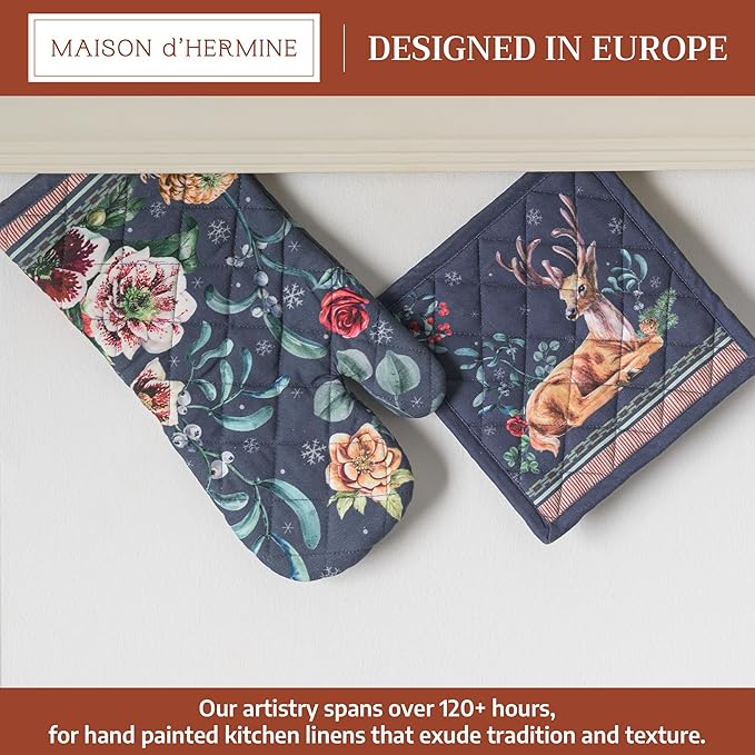 Maison d' Hermine 100% Cotton Oven Mitt & Pot Holder Set (7.5"x13" & 8"x8") Heat Resistant BBQ Cooking Gloves with Loop for Thanksgiving Christmas Decorations Handling Hot Pans (Christmas Joy)