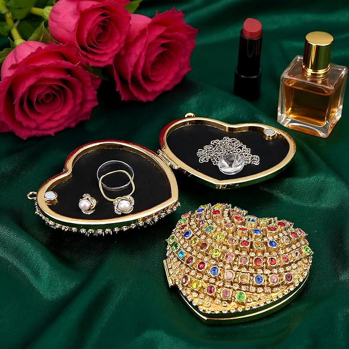 Ayliss Jewelry Trinket Box Heart Shaped Rhinestones Love Jewelry Gift Box Storage Organizer Ring/Earrings/Necklace Women Evening Clutch Rhinestone Purses (Gold)