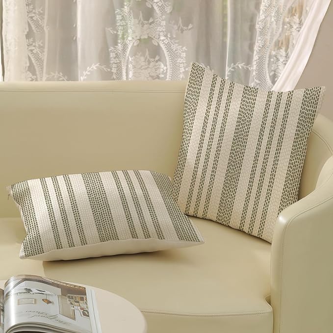 Boho Pillow Covers 18x18 Pack of 2 Sage Green Polka Dot Stripes Throw Pillow Covers Bohemian Abstract Modern Decorative Pillowcase Farmhouse Linen Cushion Case for Home Sofa,Outdoor Decoration