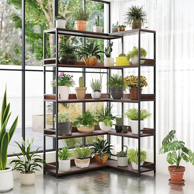 Tangkula Large Corner Bookshelf, 90 Degrees 5-Tier Industrial Wood Open Corner Bookcase for Small Spaces, Heavy-Duty Metal Frame, 71”H L-Shaped Storage Display Rack for Living Room (Walnut)