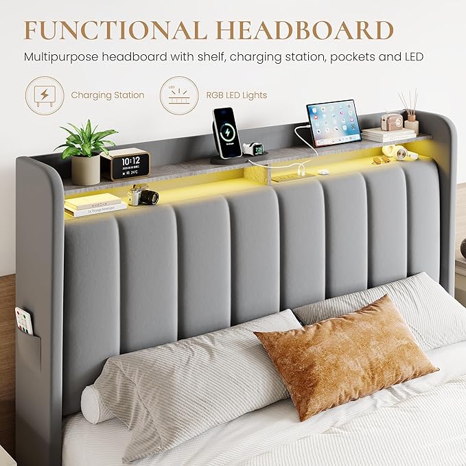 SHA CERLIN Velvet Full Size Bed Frame with Vertical Channel Tufted Wingback Headboard & 2 Storage Drawers/2-Tier Shelves with LED Lights & Charging Station/Noise-Free/No Box Spring Needed/Light Grey