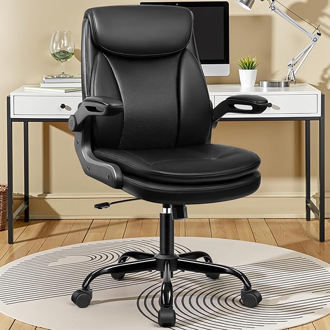 Office Chair Ergonomic Desk Chair - Premium Leather Executive Office Chairs with Lumbar Support Flip Up Armrests, Home Office Desk Chairs Computer Chair with Rocking Function Adjustable Height