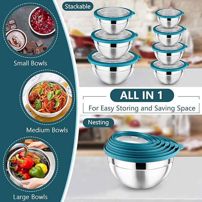 P&P CHEF Mixing Bowl with Lid Set of 7, Stainless Steel Nesting Salad Bowls for Cooking Serving Prepping, Clear Lids & Stackable Design, Size 4.6, 3.5, 3, 2, 1.5, 1, 0.7 Qt - Blue