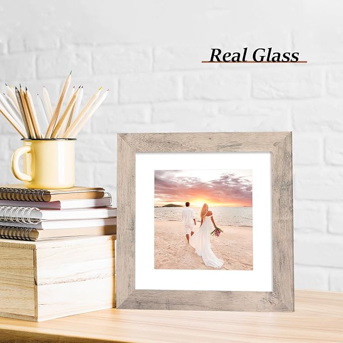 8x8 Picture Frames Set of 4 with High Definition Real Glass, Smoke Gray Frame Display 6x6 Pictures with Mat or 8 x 8 Without Mat, Wood Square Photo Frame for Wall Mount and Tabletop Display